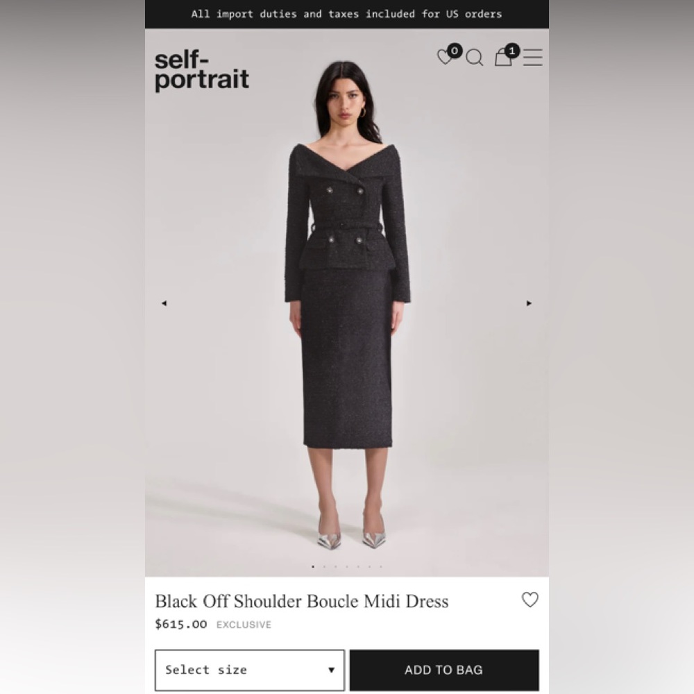 Self Portrait Black Off Shoulder Boucle Midi Dress - Picture 2 of 2